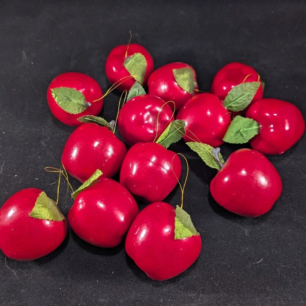 Vintage Style Red Faux Apple Ornaments with Woven Wood Berry‎ Basket Set of 13